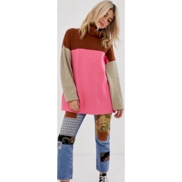 FREE PEOPLE Softly Structured Colorblock Sweater Turtleneck Candy Pop Medium - Picture 12 of 16